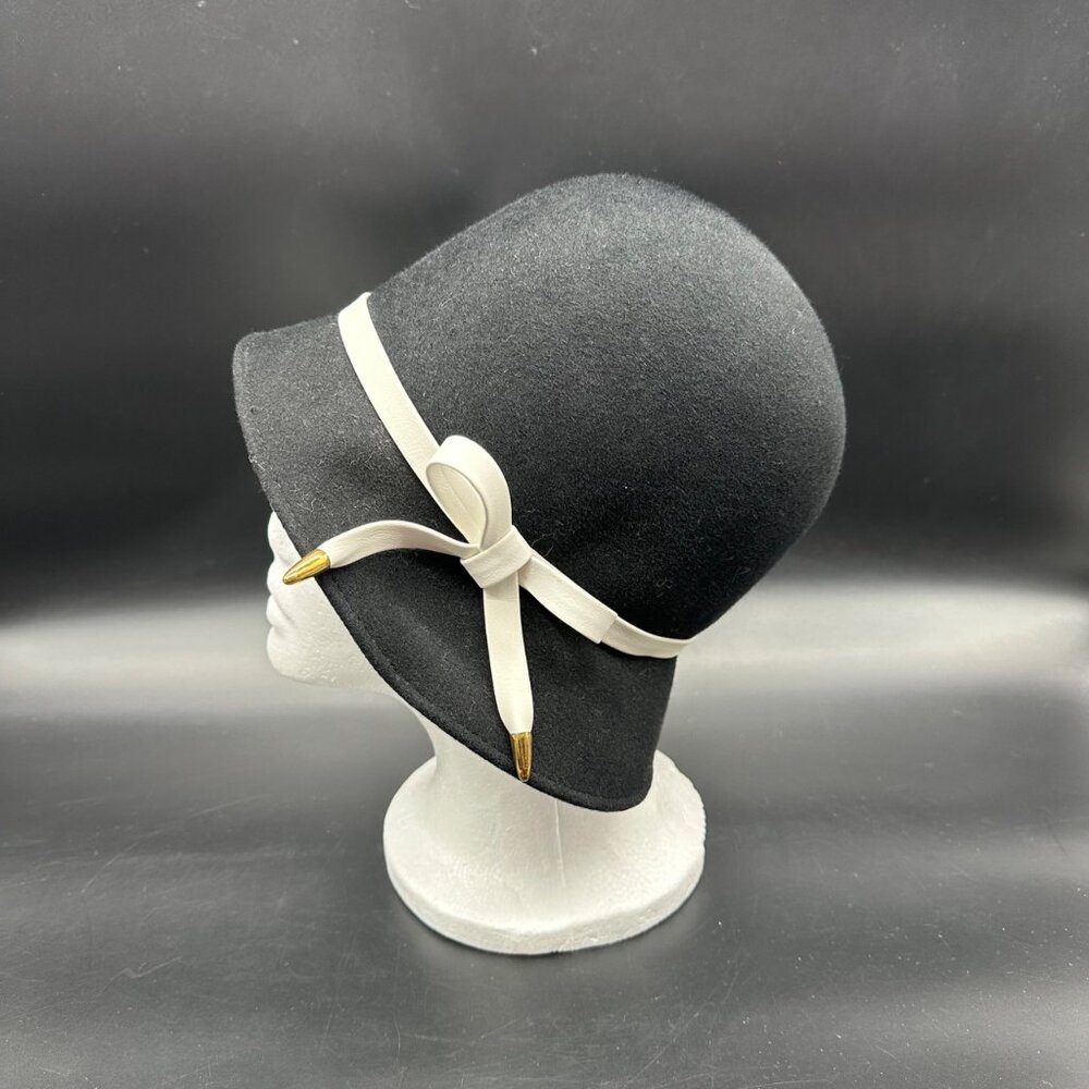 Vintage Wool Felt Hat Mid Century Black White Bucket Superbe Union Made Womens - Picture 2 of 9